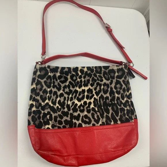 *SOLD* Coach Leopard Print & Red Hobo Bag, Trimmed w/ Leather, Red Tan & Black - Picture 2 of 13